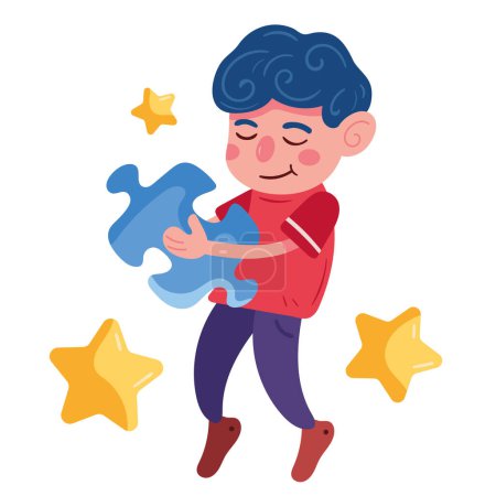 Illustration for Austism boy with puzzle and stars icon - Royalty Free Image