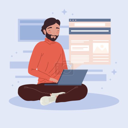 Illustration for Male blogger using laptop character - Royalty Free Image