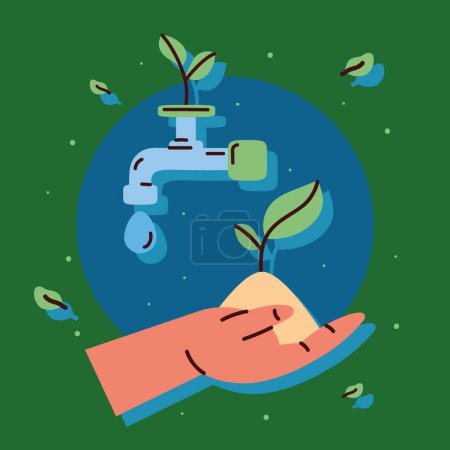 Illustration for Hand lifting plant with faucet icons - Royalty Free Image