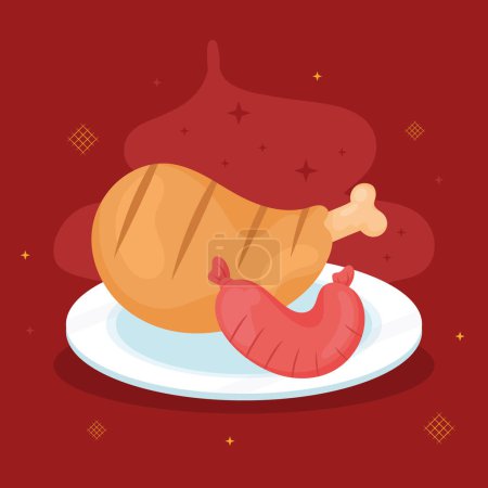 Téléchargez les illustrations : Chicken thigh with sausage food - en licence libre de droit