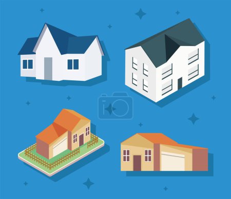 Téléchargez les illustrations : Four houses real estate icons - en licence libre de droit