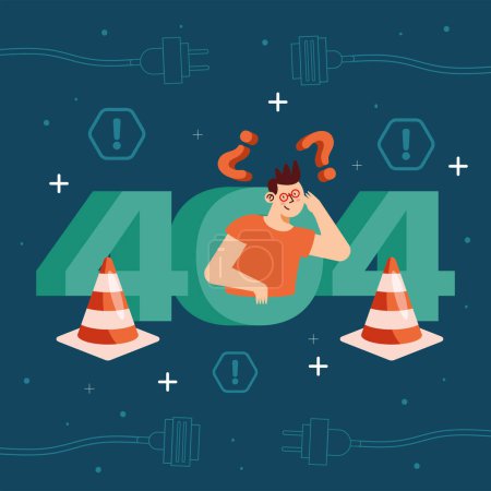 Téléchargez les illustrations : 404 erreur avec l'homme et cônes icône - en licence libre de droit