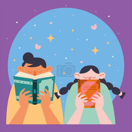 Ilustración de Pareja leyendo libros estudiantes personajes - Imagen libre de derechos