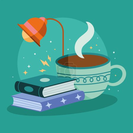 Ilustración de Libros con iconos de café y lámpara - Imagen libre de derechos
