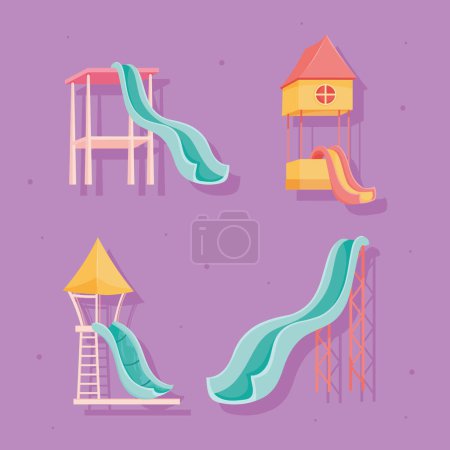 Téléchargez les illustrations : Waterpark four slides set icons - en licence libre de droit