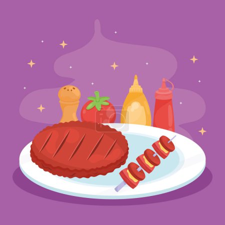 Téléchargez les illustrations : Bbq viande avec sauces icônes - en licence libre de droit
