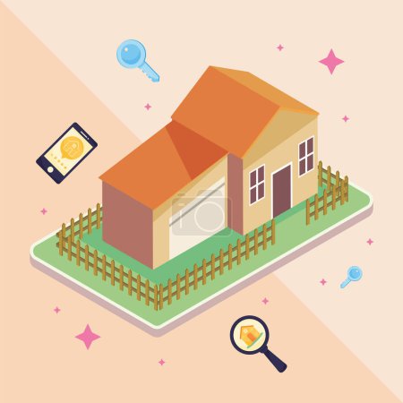 Illustration for Cute house with real estate icons - Royalty Free Image