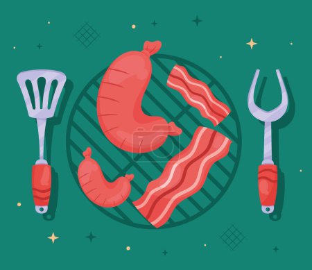 Téléchargez les illustrations : Grill oven with meat and cutleries icons - en licence libre de droit