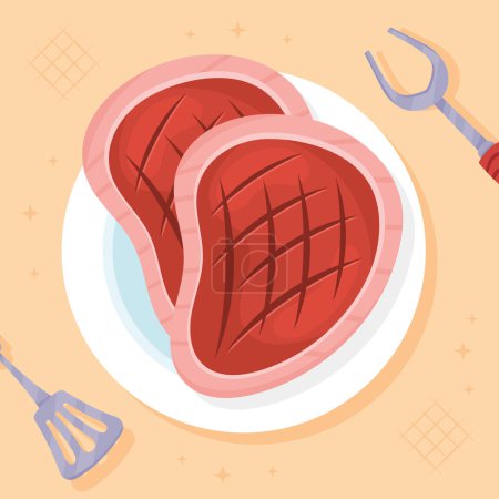 Téléchargez les illustrations : Steaks de boeuf et icônes couverts - en licence libre de droit