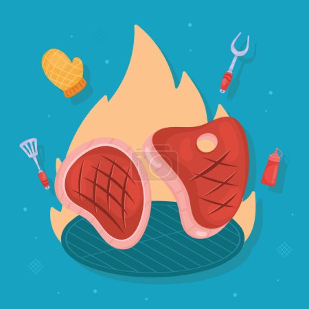 Ilustración de Meat beef with flame icons - Imagen libre de derechos