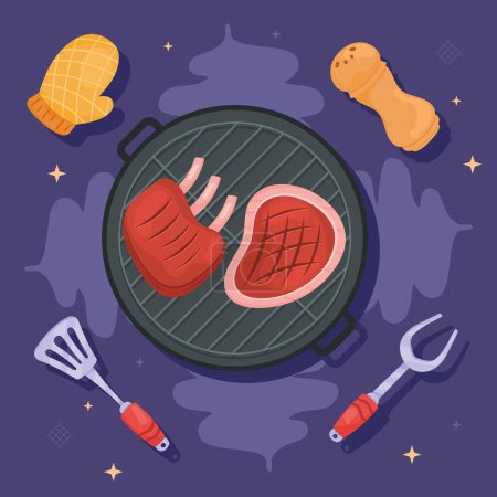 Téléchargez les illustrations : Oven with ribs and steak icons - en licence libre de droit