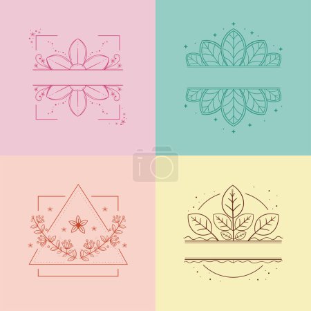 Téléchargez les illustrations : Quatre étiquettes florales linéaires icônes - en licence libre de droit