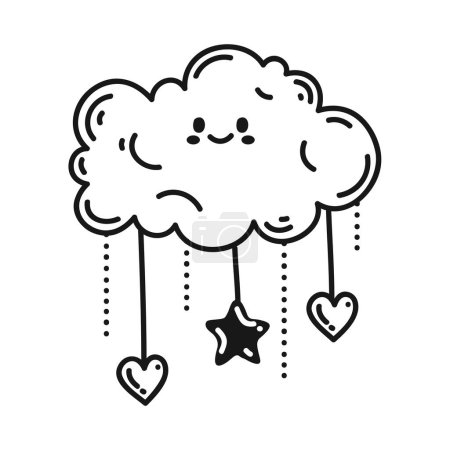 Illustration for Cloud with stars and hearts hanging character - Royalty Free Image