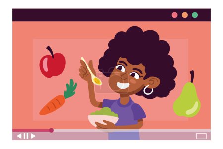 Téléchargez les illustrations : Afro woman female blogger of food - en licence libre de droit