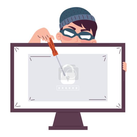 Ilustración de Hacker con destornillador y carácter de escritorio - Imagen libre de derechos