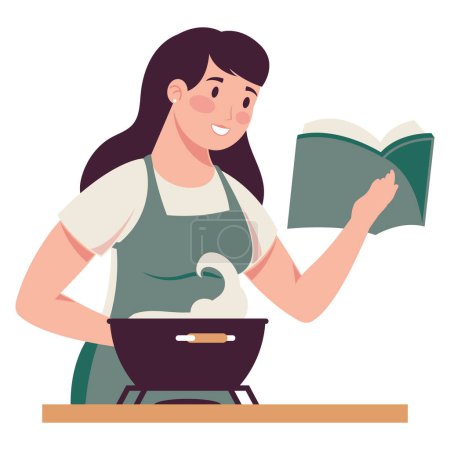 Téléchargez les illustrations : Femme cuisine et lecture recette caractère - en licence libre de droit