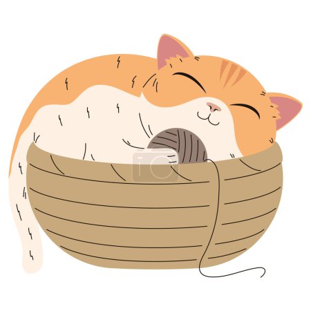 Téléchargez les illustrations : Mignon chat dormir avec laine fil caractère - en licence libre de droit