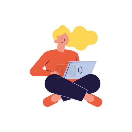 Téléchargez les illustrations : Femme blonde utilisant un personnage d'ordinateur portable - en licence libre de droit