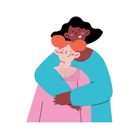 Ilustración de Chicas interracial en un abrazo fraternal personajes - Imagen libre de derechos