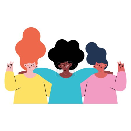 Ilustración de Chicas interracial abrazando amigos personajes - Imagen libre de derechos