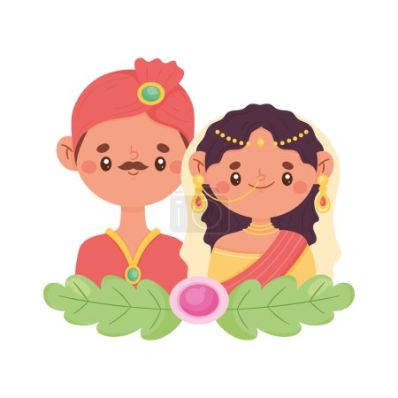 Téléchargez les illustrations : Amoureux de la culture indienne couple avec des feuilles - en licence libre de droit