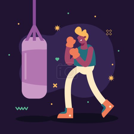 Téléchargez les illustrations : Man practicing boxing fitness character - en licence libre de droit