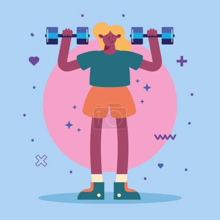 Illustration for Young woman lifting dumbbells character - Royalty Free Image