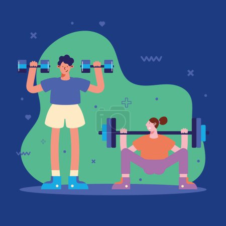 Illustration for Athletes couple practicing exercises characters - Royalty Free Image