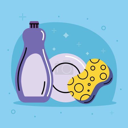 Ilustración de Esponja con lavavajillas iconos de la botella de jabón - Imagen libre de derechos