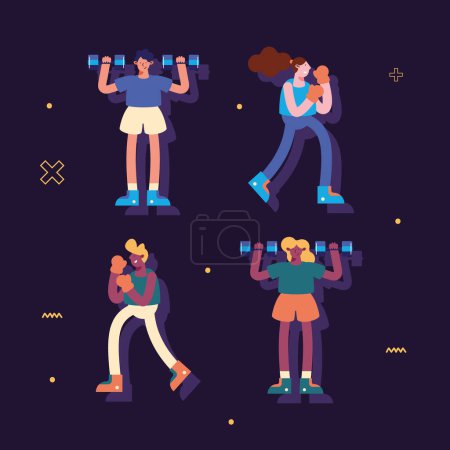 Illustration for Four athletes practicing exercises characters - Royalty Free Image