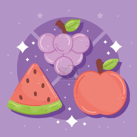 Téléchargez les illustrations : Trois fruits frais aliments sains icônes - en licence libre de droit