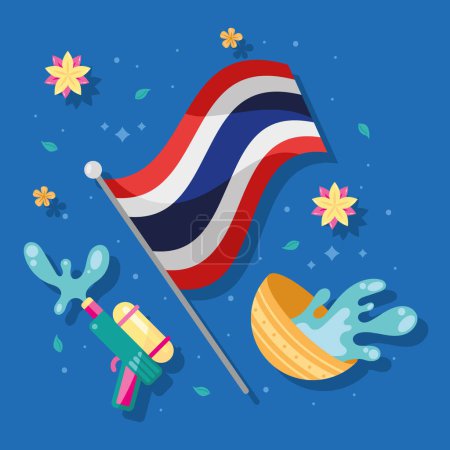 Ilustración de Bandera tailandia bandera con iconos de songkran - Imagen libre de derechos