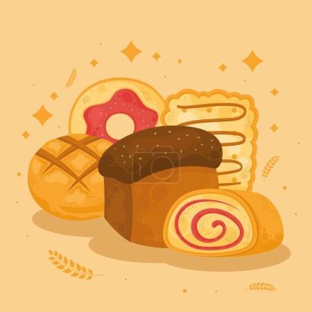 Illustration for Delicious bread and pastry products icons - Royalty Free Image