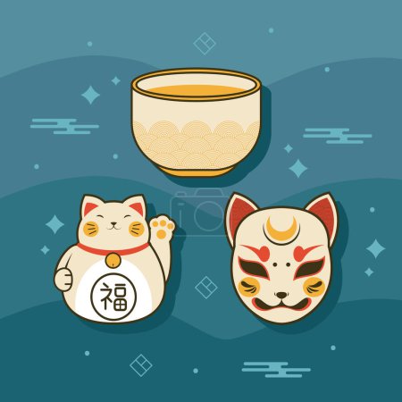 Illustration for Japanese cats and bowl poster - Royalty Free Image