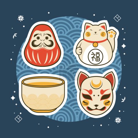 Téléchargez les illustrations : Japonais chats et jouets icônes - en licence libre de droit