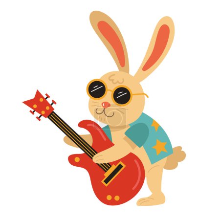 Téléchargez les illustrations : Dessin animé lapin musicien jouer guitare icône isolé - en licence libre de droit