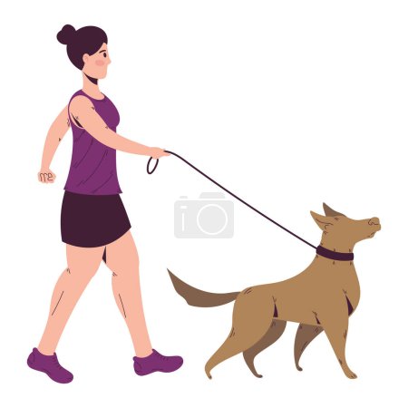 Téléchargez les illustrations : Femme marchant avec son chien sur blanc - en licence libre de droit