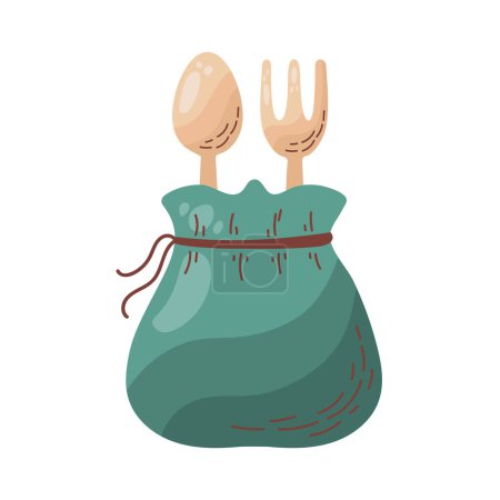 Illustration for Wooden spoon and fork on green bag over white - Royalty Free Image