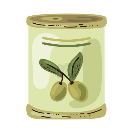 Ilustración de Aceitunas ecológicas frescas en una lata sobre blanco - Imagen libre de derechos