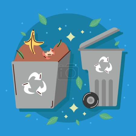 Illustration for Pot with organic garbage and waste bin icon - Royalty Free Image