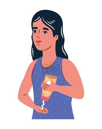 Téléchargez les illustrations : Jeune femme appliquer crème soin icône isolé - en licence libre de droit