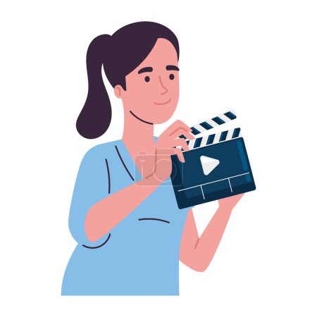 Téléchargez les illustrations : Femme film de tournage avec clapperboard icône isolé - en licence libre de droit