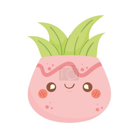 Illustration for Pink kawaii plant pot over white - Royalty Free Image