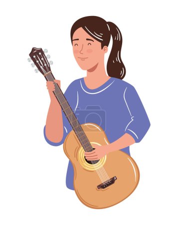Téléchargez les illustrations : Jeune guitariste avec icône de l'instrument de musique isolé - en licence libre de droit