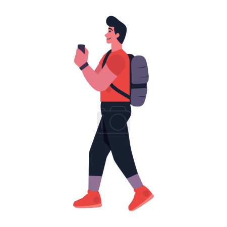Illustration for Man walking with backpack and phone icon isolated - Royalty Free Image