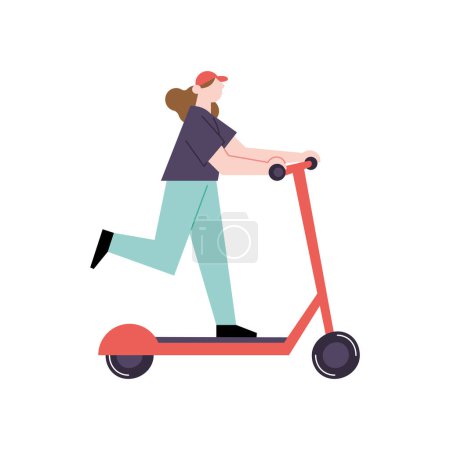 Ilustración de Mujer montando scooters de motor, vector de transporte divertido aislado - Imagen libre de derechos