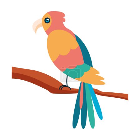 Illustration for Colorful bird perches on branch over white - Royalty Free Image