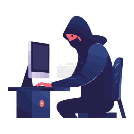 Téléchargez les illustrations : Cambrioleur déguisé en programmeur vole icône de données isolé - en licence libre de droit