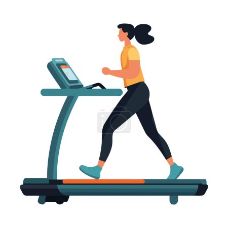 Téléchargez les illustrations : Femme saine jogging sur tapis roulant dans l'icône de gymnase isolé - en licence libre de droit