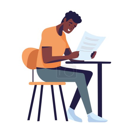 Téléchargez les illustrations : Une personne assise au bureau lisant l'icône de papier isolé - en licence libre de droit